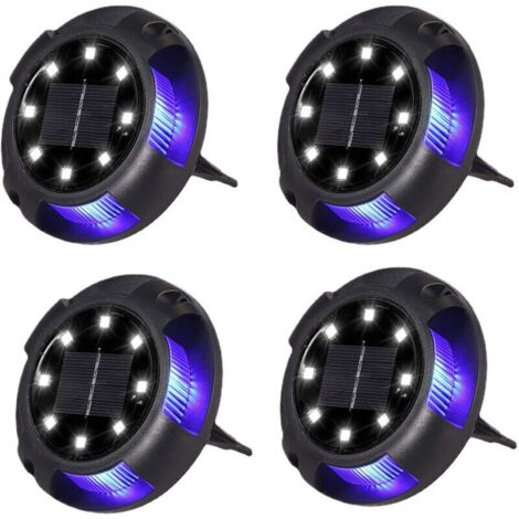 Lot de 4 Bornes Solaires Encastrées Extérieur - 8 LEDs Blanc + 4 LEDs Bleu - Étanches - pour Allée, Aire de Stationnement, Paysage, Jardin, Terrasse, Pelouse, Cour