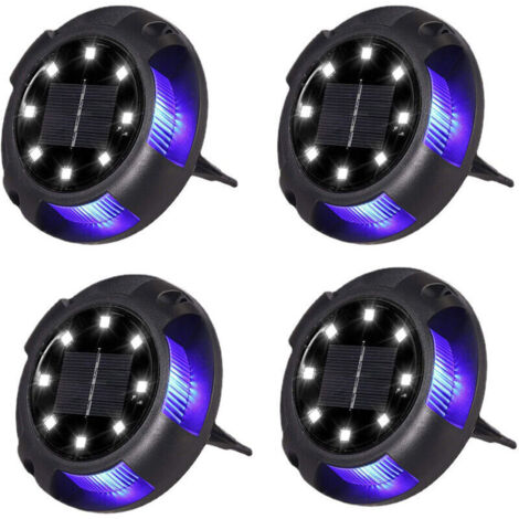Lot de 4 Bornes Solaires Encastrées Extérieur - 8 LEDs Blanc + 4 LEDs Bleu - Étanches - pour Allée, Aire de Stationnement, Paysage, Jardin, Terrasse, Pelouse, Cour