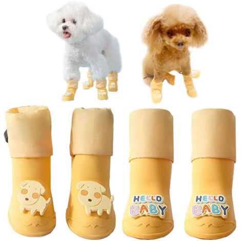 Lot de 4 bottes imperméables pour chiens, chaussures pour chiens de taille moyenne et petite, pour la neige et la pluie (jaune)