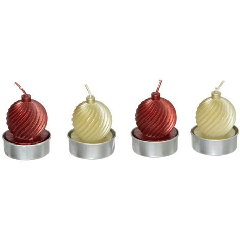 Lot de 4 Bougies déco Boule de Noël Rouge et Champagne pailletée - Feeric Christmas