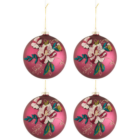 lot de 4 Boules de noël broderie fleur