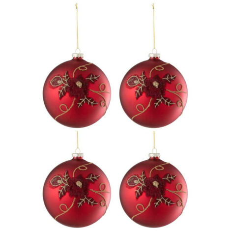 Lot de 4 Boules de Noël Fleurs "Rosaline" 12cm Rouge