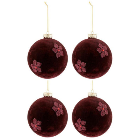 Lot de 4 Boules de Noël "Fleurs Velours" 12cm Rouge