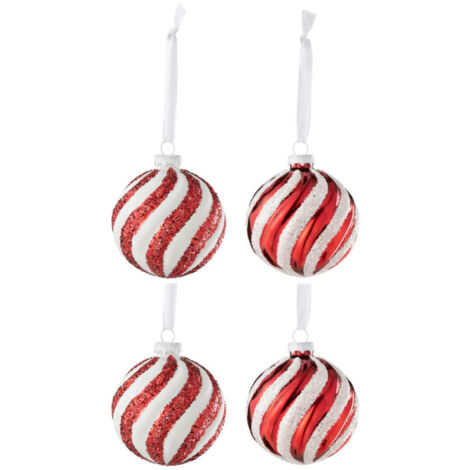 Lot de 4 Boules de Noël "Lignes" 8cm Rouge & Blanc