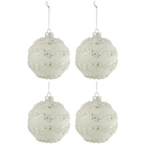 Lot de 4 Boules de Noël "Lignes Paillettes" 10cm Blanc