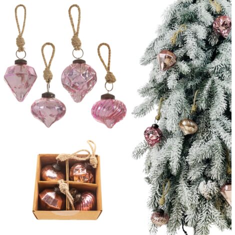 Lot de 4 boules de Noël roses. L 5,00 x L 5,00 x H 5,00 cm.