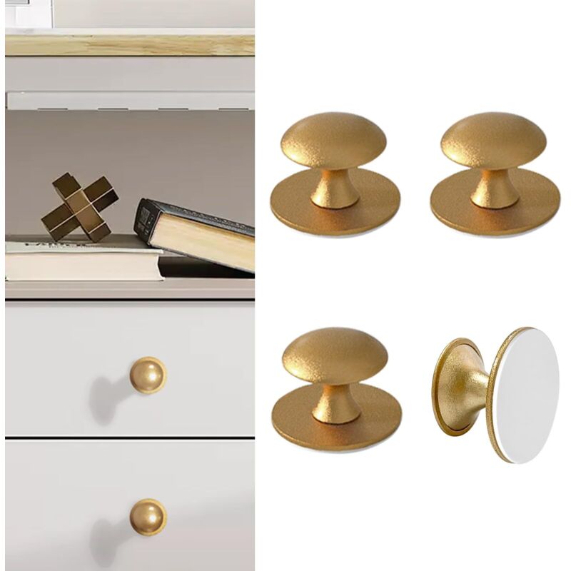Lot de 4 boutons autocollants en acier inoxydable doré - Boutons d'armoire autocollants pour tiroirs, porte de douche, armoire miroir, porte en