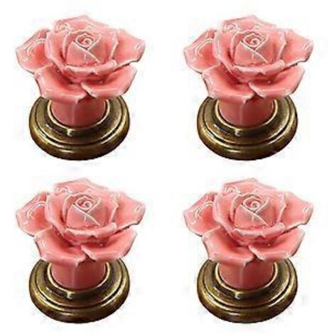 Lot de 4 boutons de porte élégants en céramique à motifs floraux, avec vis en alliage de zinc, pour meubles, armoires, commodes et tiroirs. Couleur : rose.