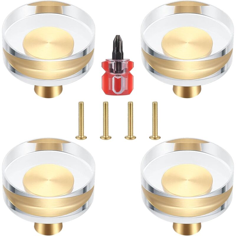 Lot de 4 Boutons de Porte en Cristal Transparent et Laiton pour Armoires, Tiroirs, Placards et Meubles - 30x27 mm (30x27 mm)