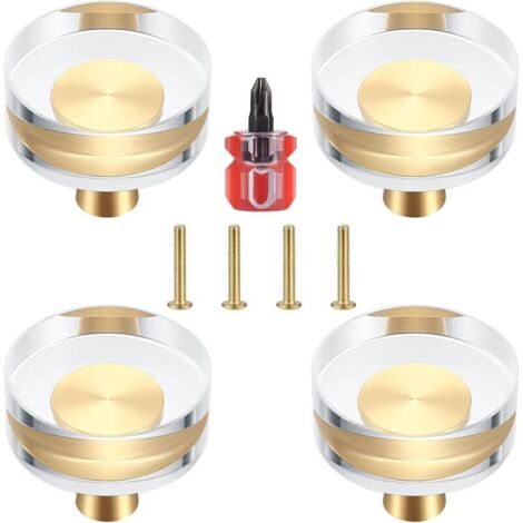 Lot de 4 Boutons de Porte en Cristal Transparent et Laiton pour Armoires, Tiroirs, Placards et Meubles - 30x27 mm (30x27 mm)