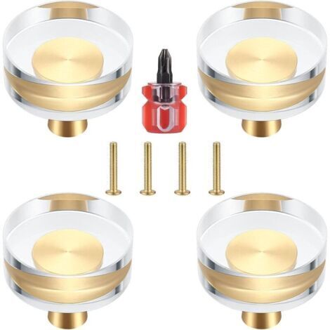 Lot de 4 Boutons de Porte en Cristal Transparent et Laiton pour Armoires, Tiroirs, Placards et Meubles - 30x27 mm (30x27 mm)