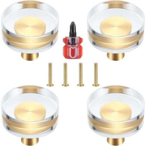 Lot de 4 Boutons de Porte en Cristal Transparent et Laiton pour Armoires, Tiroirs, Placards et Meubles - 30x27 mm (30x27 mm)