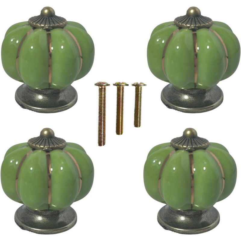 Lot de 4 boutons de tiroir céramique vintage vert pompe, poignées de meuble pour commode, armoire ou dressing, style rétro.