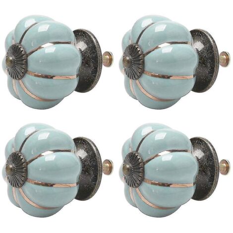 Lot de 4 boutons en céramique style vintage, en forme de citrouille, pour tiroir, porte, placard, armoire, commode, décoratifs bleus.