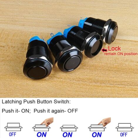 Lot de 4 boutons-poussoirs noirs étanches 12 mm 3 A 12 V/24 V/125 V/250 V CA Bouton-poussoir à verrouillage en cuivre nickelé Bouton-poussoir court à verrouillage automatique (plat)
