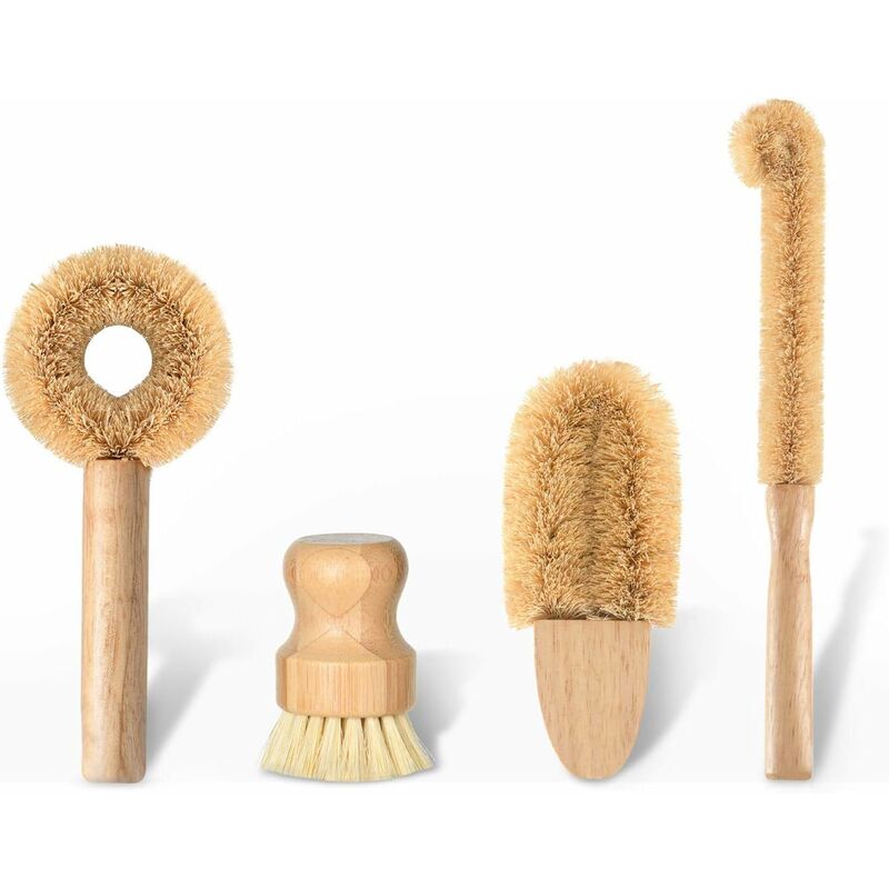 Lot de 4 brosses à récurer pour la cuisine, avec manche en bambou et poils en fibre de coco