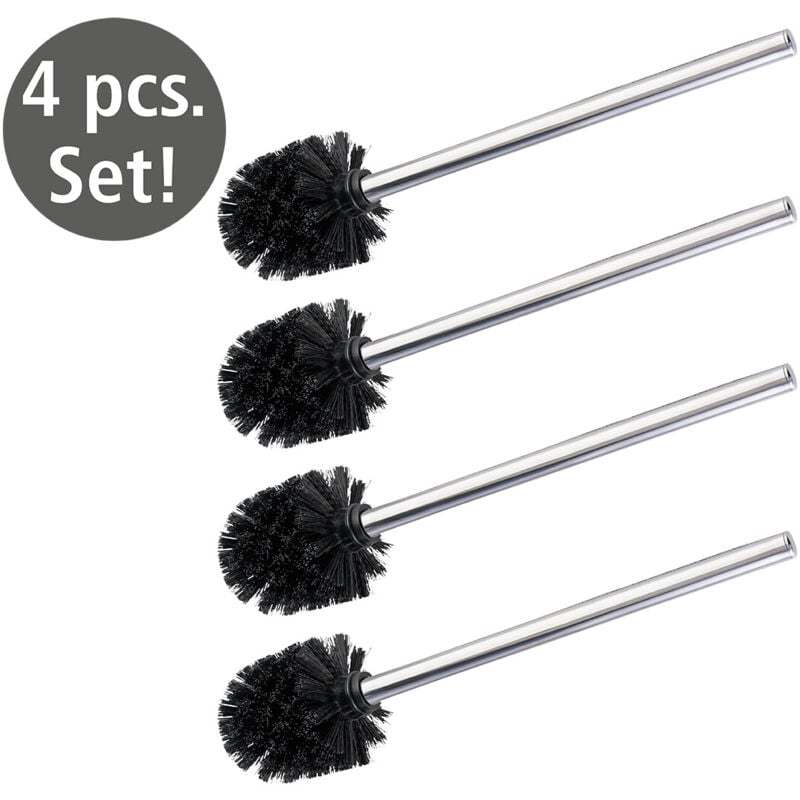 Lot de 4 Brosses wc de rechange Wenko brosse wc noire avec manche en acier inox, format économique, Plastique - acier inox, 8x35cm, brillant - noir