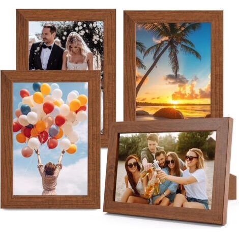 Lot de 4 Cadres Photo 10x15 cm en Bois MDF, Cadre Photo Bois avec Façade en Verre Acrylique, Respectueux de L'environnement, Vintage Petits Cadres Photos pour Montage Mural ou Affichage Sur Table