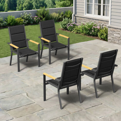 lot de 4 Chaise de Jardin Empilable, Fauteuil en Aluminium avec Accoudoirs Imitation Bois, Tissu Textilène et éponge à Séchage Rapide, Dossier Surélevé, Respirante et Confortable, Gris
