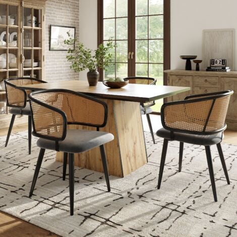 HAUSS SPOLE 2 chaise de salle à manger couleur naturelle, fauteuil de salon, dossier en rotin, 4 pieds, velours