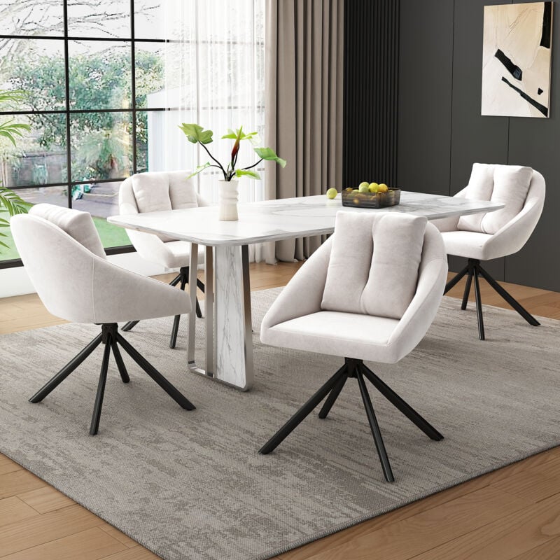 Lot de 4 chaise de salle à manger pivotante, tissu en velours, beige
