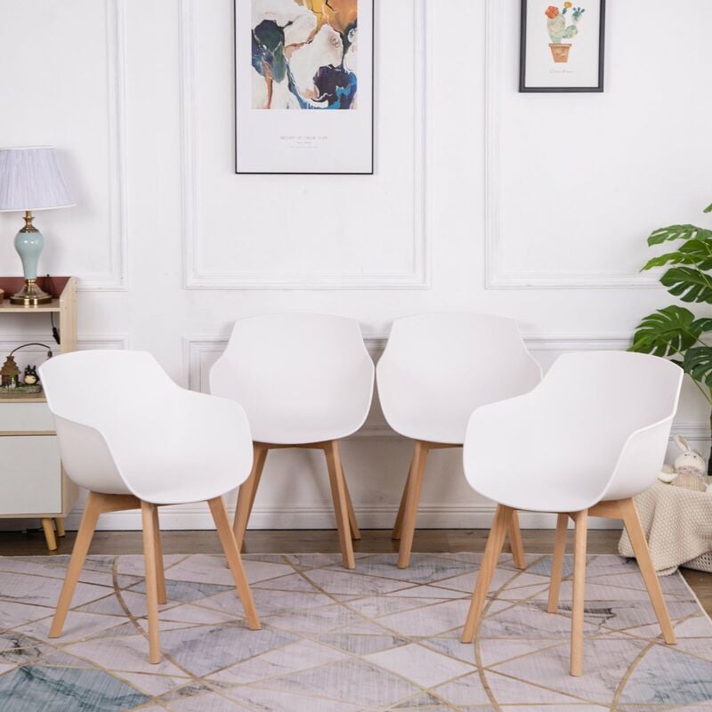 Eggree - Lot de 4 Chaises Salle à Manger Fauteuils Scandinave de Cuisine avec Pieds en Bois de Hêtre Massif Blanc