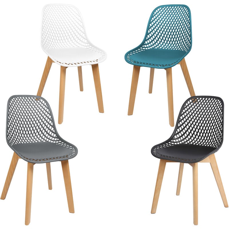 lot de 4 chaises pour salle à mange design retro, coque en plastique plusieurs couleurs et 4 pieds décor bois, plusieurs couleurs