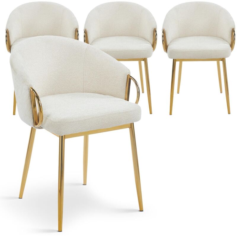 Cotecosy - Lot de 4 chaises arrondies et matelassées Patricia Métal doré et Tissu Beige