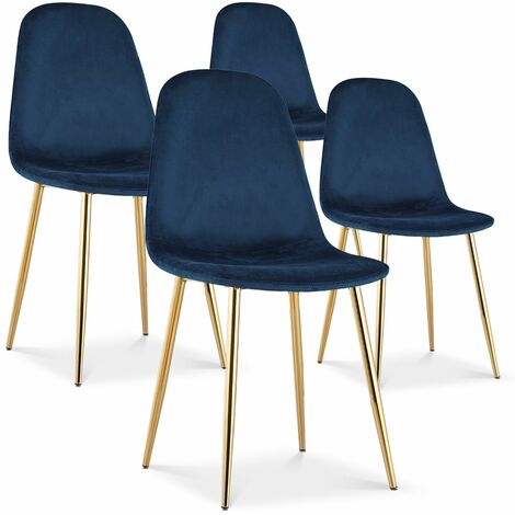 Intensedeco – Lot de 4 chaises Bali en velours bleu – Pieds dorés en métal – Confort ergonomique – Hauteur d'assise 48 cm – Dimensions L45 x P55 x H87 cm