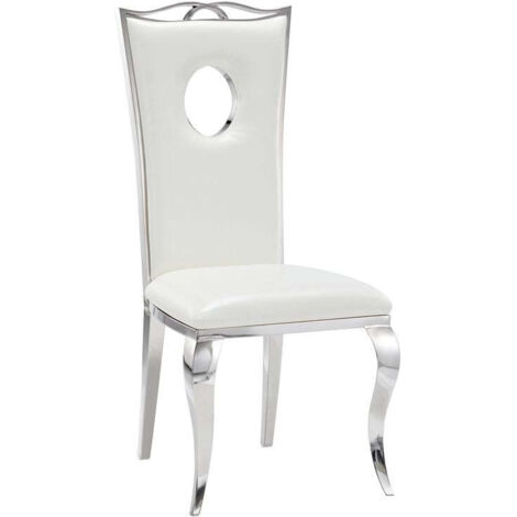 Homy France – Lot de 4 chaises baroque ROYAL – Structure acier inoxydable chrome – Revêtement simili cuir épais blanc – Dimensions 50x52x103 cm