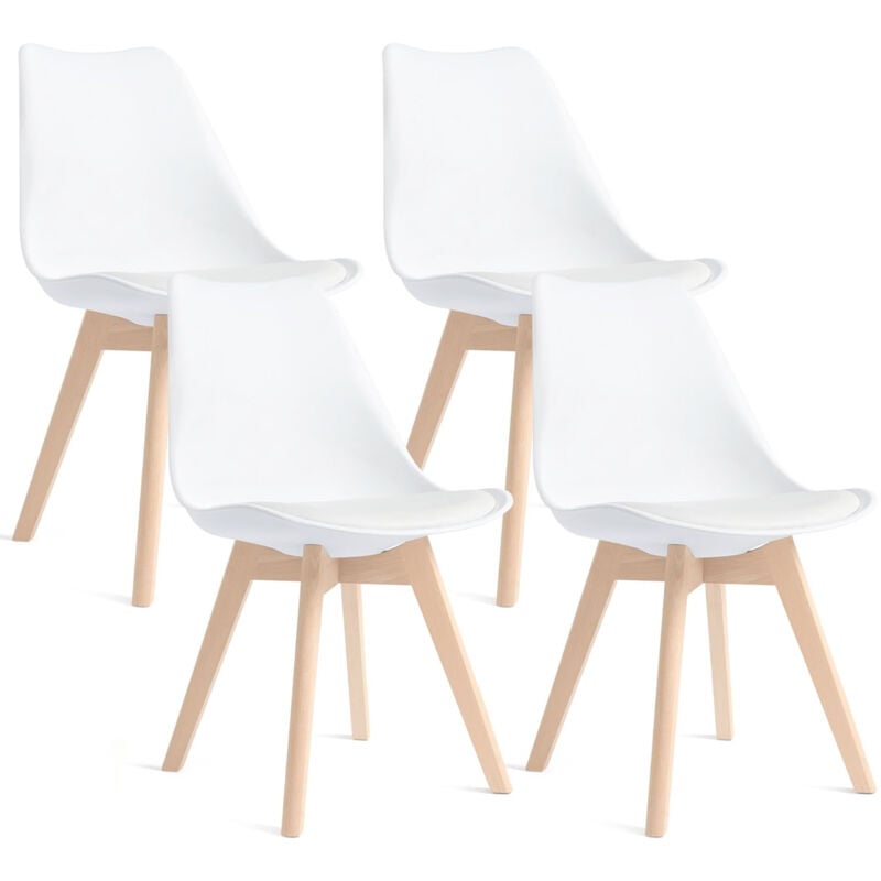 Iztoss - Lot de 4 chaises - Blanc - Chaise Scandinave - Pieds en bois (4 chaises dans un colis)