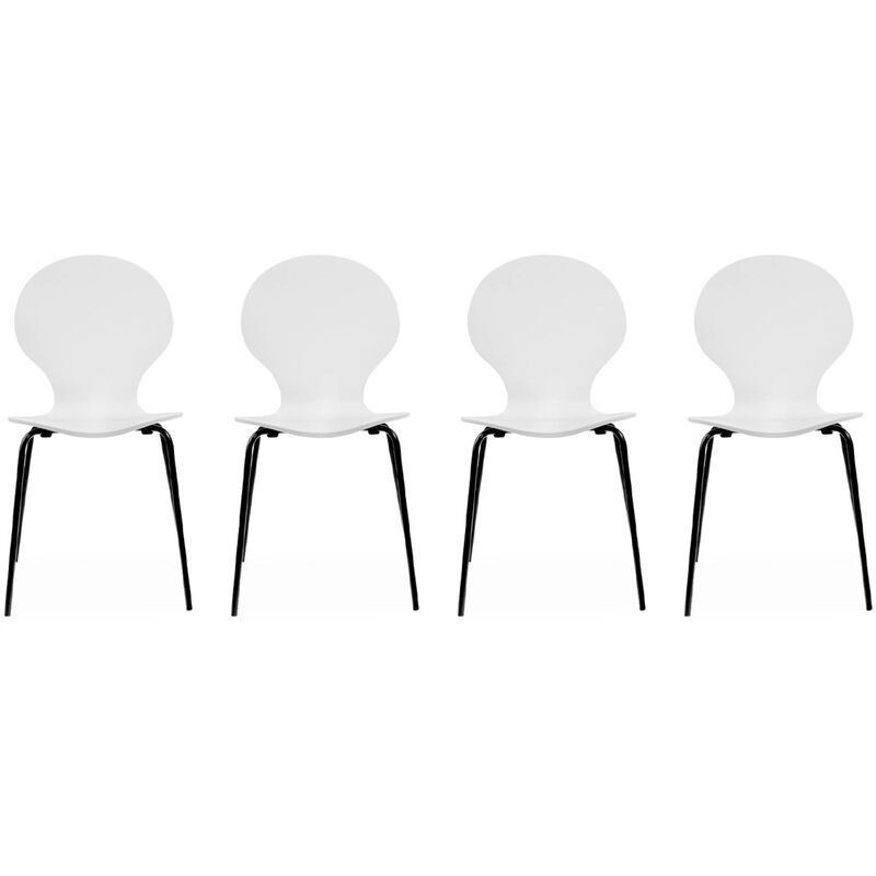 Lot de 4 chaises blanches. rétro empilables. bois d'hévéa et contreplaqué. pieds en acier. Naomi. l 43 x p 48 x h 87cm