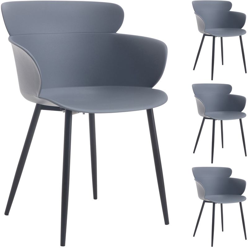 Lot de 4 chaises catch salle à manger ou cuisine design retro avec larges accoudoirs, coque en plastique gris et 4 pieds métal noir - Gris