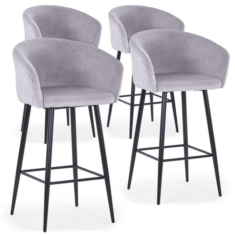 Cotecosy - Lot de 4 chaises de bar Bobby Velours Argent