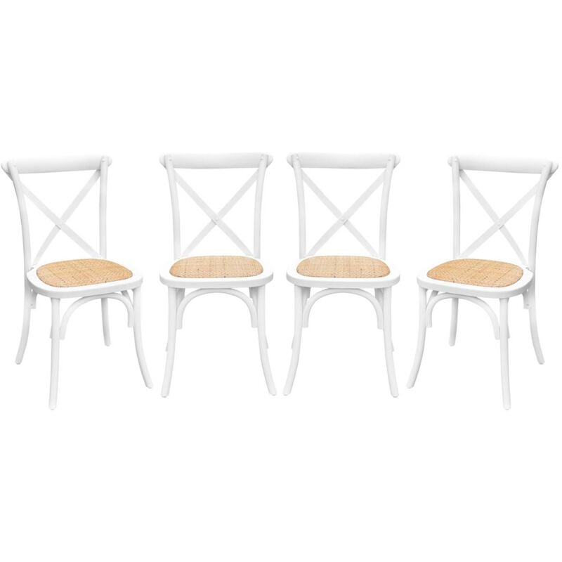 Lot de 4 chaises de bistrot en bois d'hévéa blanc. vintage. assise en rotin. empilables