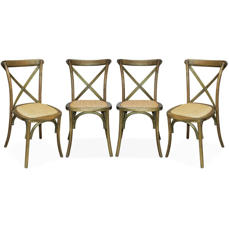 Lot de 4 chaises de bistrot en bois d'hévéa marron vieilli. vintage. assise en rotin. empilables
