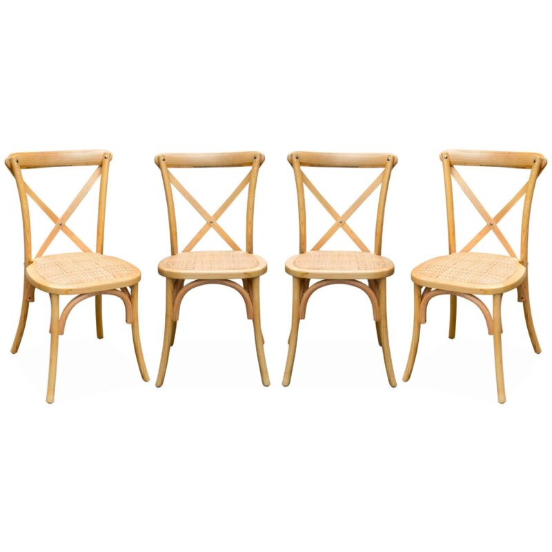 Lot de 4 chaises de bistrot en bois de cédrèle naturel. vintage. assise en rotin. empilables