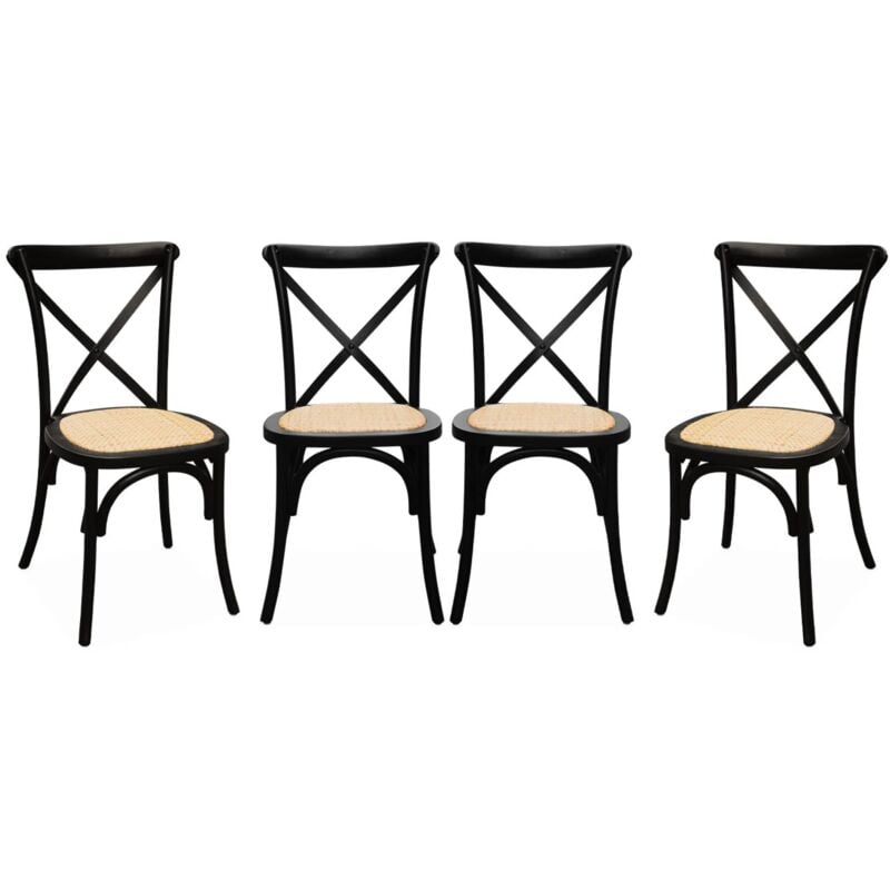 Lot de 4 chaises de bistrot en bois d'hévéa noir. vintage. assise en rotin. empilables