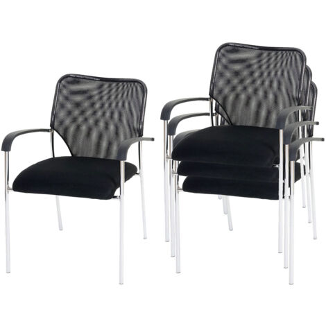 Lot de 4 chaises de bureau sans roulettes avec accoudoirs conférence réunion empilable en tissu maille noir 040000552