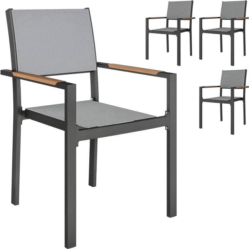 Outsunny - Lot de 4 chaises de jardin assise dossier textilène structure alu accoudoirs revêtement pvc effet bois