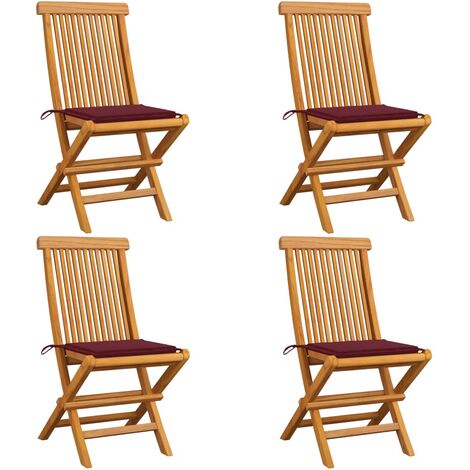 Lot de 4 Chaises de jardin avec coussins rouge bordeaux Fauteuil de Jardin Chaise d'extérieur Teck massif 14349