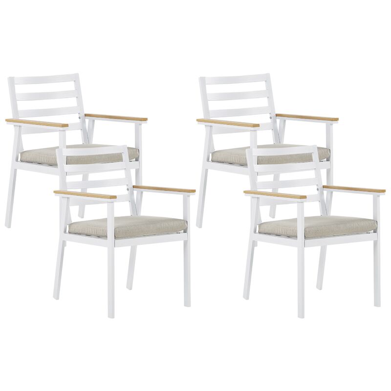 lot 4 chaises de jardin en aluminium blanc avec coussins beigeet accoudoirs effet bois parfaites pour 4 personnes et extérieur scandinave - bois clair