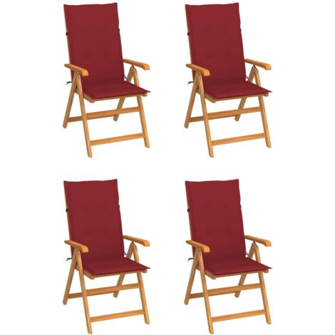 Lot de 4 Chaises de jardin - Chaises d'extérieur pour terrasse/jardin avec coussins bordeaux Bois de teck BV667576 - BonneVie