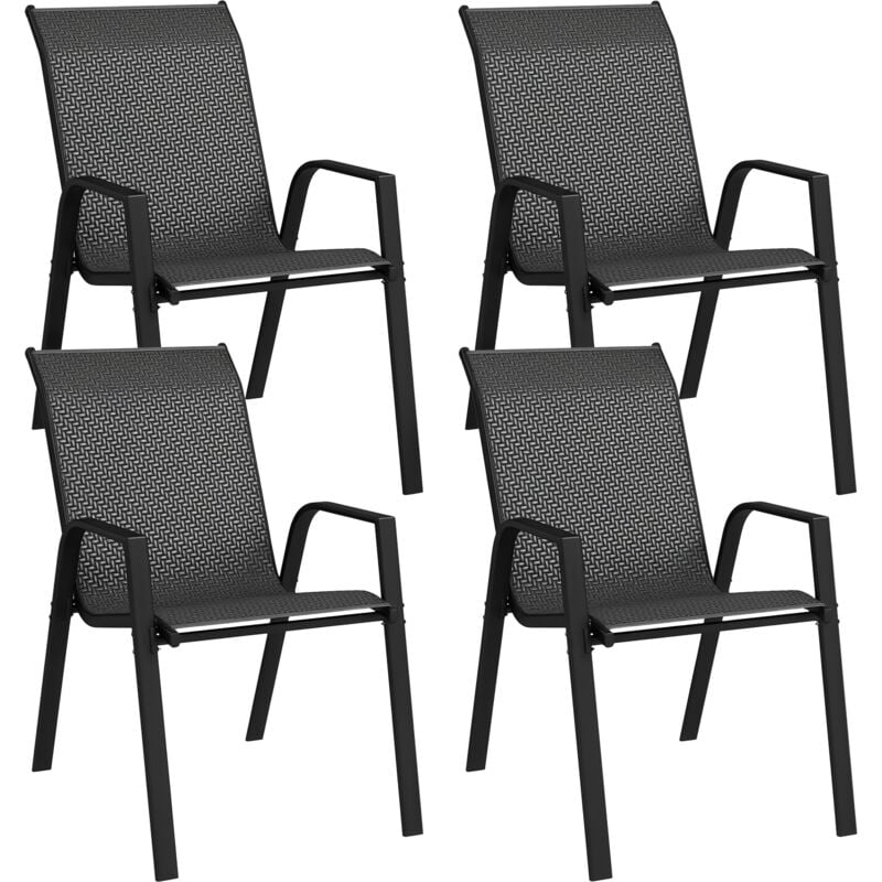 Outsunny - Lot de 4 chaises de jardin empilables - accoudoirs - design - acier époxy noir résine tressée grise