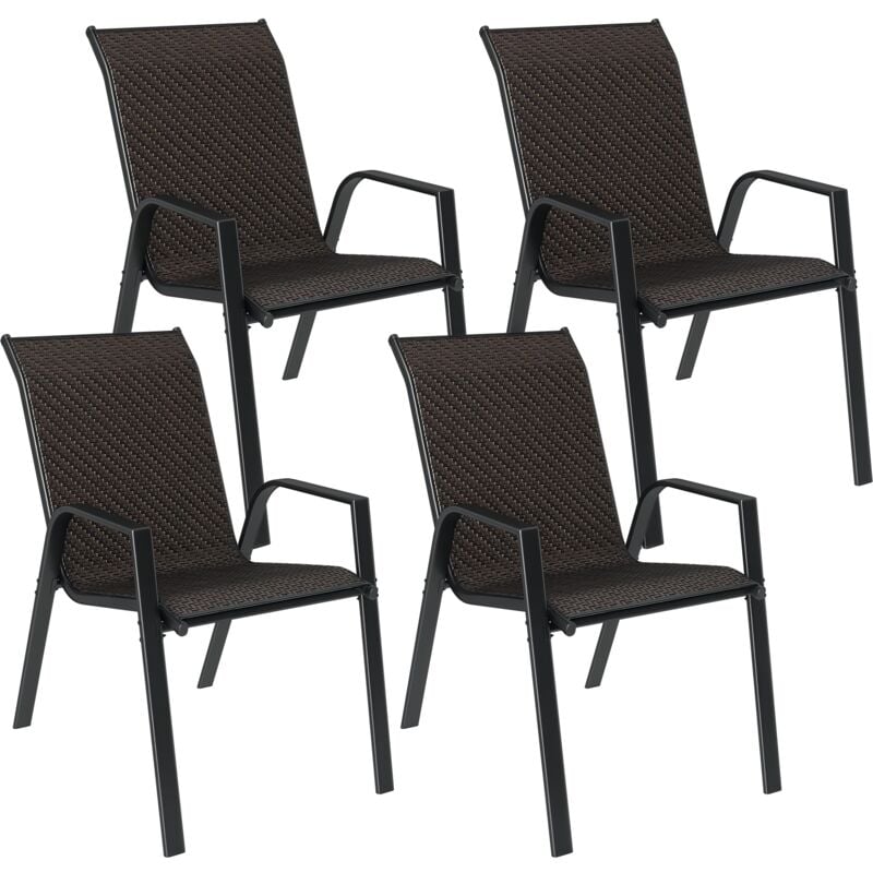 Outsunny - Lot de 4 chaises de jardin empilables - accoudoirs - design - acier époxy noir résine tressée marron