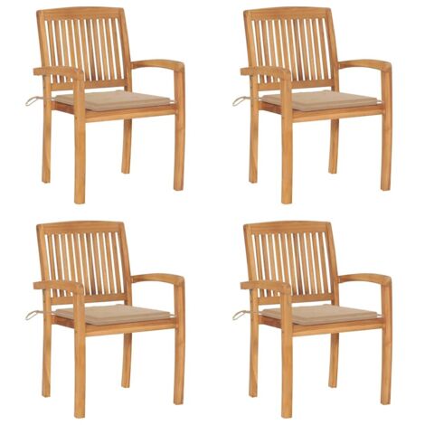 Lot de 4 Chaises de jardin empilables avec coussins - Chaises d'extérieur pour terrasse/jardin Teck solide BV146053 - BonneVie