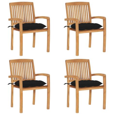 Lot de 4 Chaises de jardin empilables avec coussins - Chaises d'extérieur pour terrasse/jardin Teck solide BV492075 - BonneVie