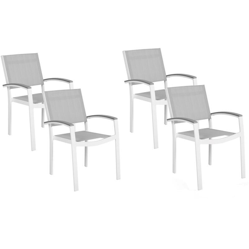 Lot 4 Chaises de Jardin avec Accoudoirs en Aluminium Blanc et Textile Gris Matières Résistantes pour Terrasse au Style Moderne Beliani