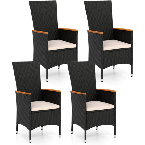 Lot de 4 Chaises de Jardin en Rotin, Fauteuil de Jardin, avec Coussin, Accoudoir, Coussinet de Pied Réglable, pour Patio, Balcon, Cours