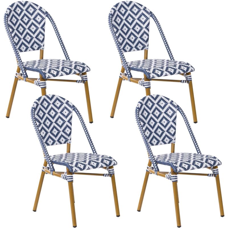 Beliani – Lot de 4 chaises de jardin en polyrotin bleu et blanc – Empilables – Charge maximale 150 kg – Hauteur 88 cm pour balcon et terrasse